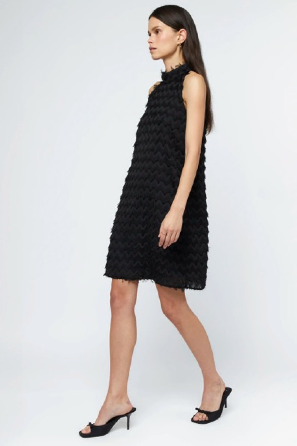 BLACK MINI HALTER DRESS WITH FRINGES